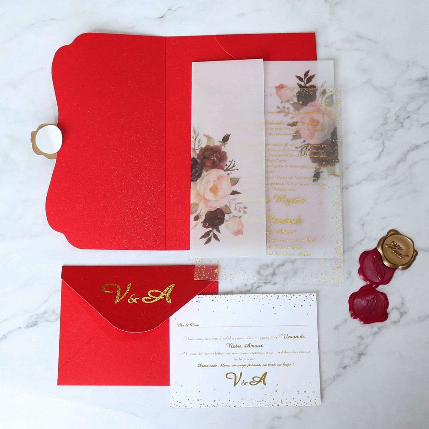 Frosted Acrylic Invitation Card with Vellum Paper Cover Foiling Red Envelope 